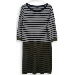 Talbots womens xl sweater dress green gray stripe boatneck merino wool